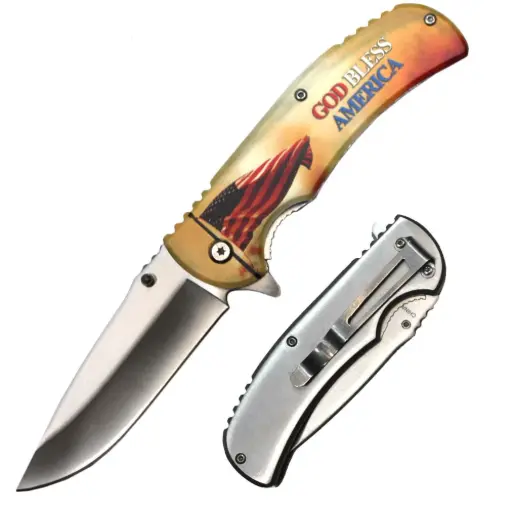 [AM050375] 4.5" Metal Handle God Bless America USA Flag Assist-Open Folding Knife