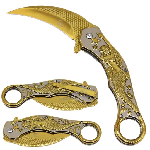 [AM050381] 5.5" Gold Mermaid Assist-Open Karambit Folding Knife