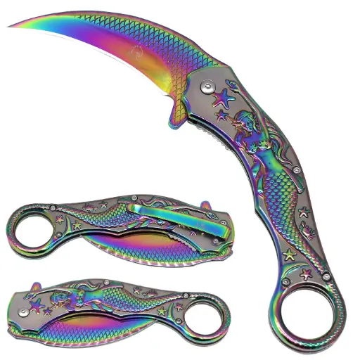 [AM050382] 5.5" Rainbow Mermaid Assist-Open Karambit Folding Knife
