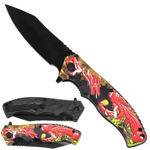 [AM050386] 4.5" Red Dragon Assist-Open Folding Knife with Belt Clip