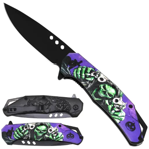 [AM050387] 4.5" Green Skull Assist-Open Folding Knife with Belt Clip