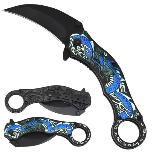[AM050388] 4.5" Black Blade Blue Dragon Handle Assist-Open Karambit Folding Knife