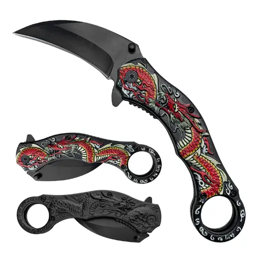 [AM050389] 4.5" Black Blade Red Dragon Handle Assist-Open Karambit Folding Knife