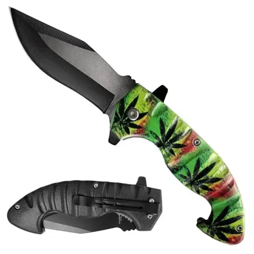 [AM050394] 5" Marijuana Assist-Open Curved Folding Knife with Belt Clip