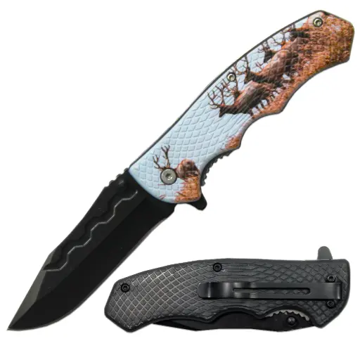 [AM050396] 4.5" Textured Deer Handle Assist-Open Folding Knife with Belt Clip
