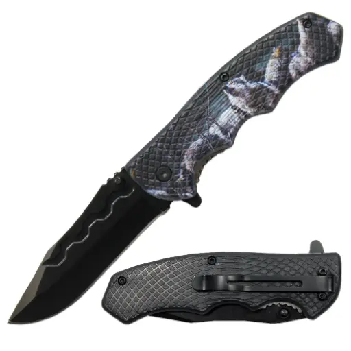 [AM050400] 4.5" Textured Wolf Handle Assist-Open Folding Knife with Belt Clip