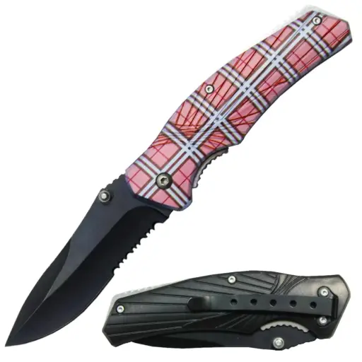 [AM038847] 4.25" Pink Plaid Handle Thumb Stud Folding Knife with Belt Clip