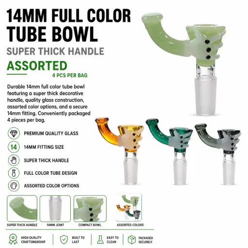 [AM050319] 14mm full color tube bowl with super thick handle assorted color 4pcs per bag