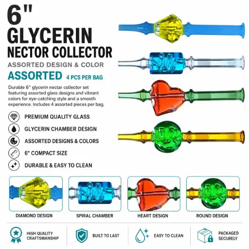 [AM050325] 6” Glycerin assorted design & color Nector collector 4pcs per bag