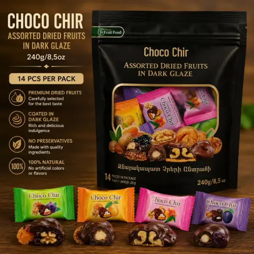[A2L0013] Choco Chir Assorted Dried Fruits in Dark Glaze 240g/8,5oz (14 pcs per Pack)