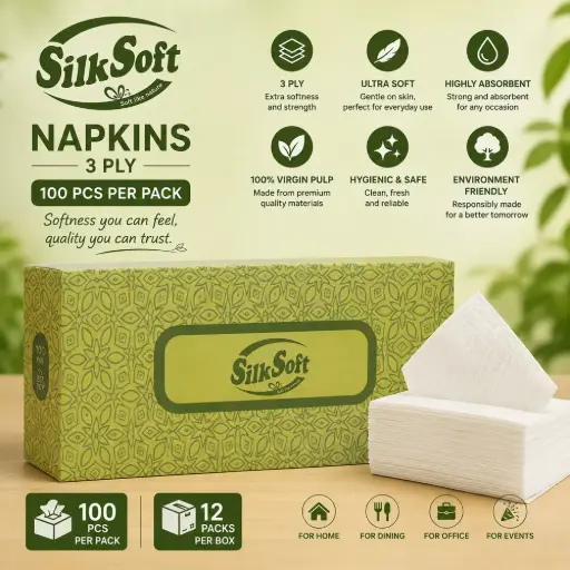 [A2L0021] Silk Soft Napkins 3ply 100pcs per pack (12 packs per Box)