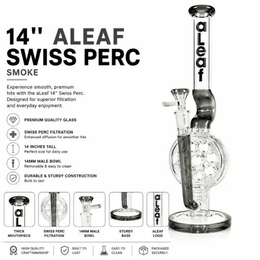 [PC37701] aLeaf Glass 14" SWISS PERC - Smoke