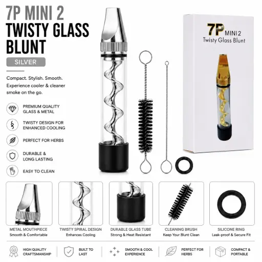 [AM050488] 7P Mini 2 Twisty Glass Blunt Pipe - Silver