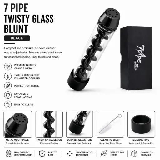 [AM050489] 7 Pipe Twisty Glass Blunt Pipe - Black