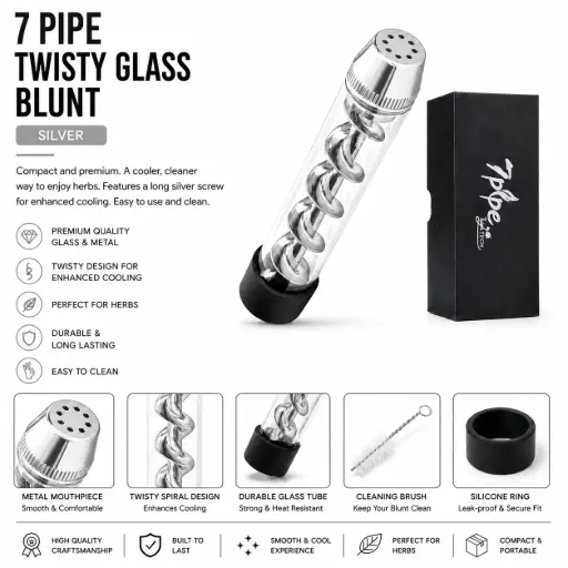 [AM050491] 7 Pipe Twisty Glass Blunt Pipe - Silver