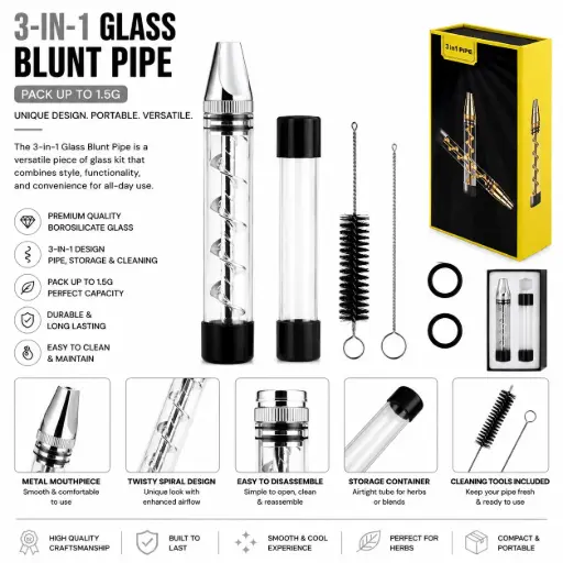 [AM050492] 3 in 1 Twisty Glass Blunt Pipe - Silver
