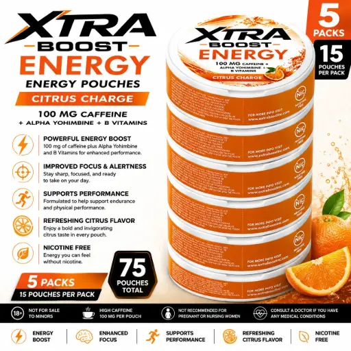 [AM050562] Xtra Boost Energy Pouches (100 mg Caffeine) 15 pouches per pack | 5 packs - Citrus Charge 