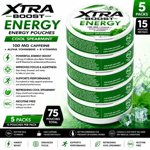 [AM050563] Xtra Boost Energy Pouches (100 mg Caffeine) 15 pouches per pack | 5 packs - Cool Spermint