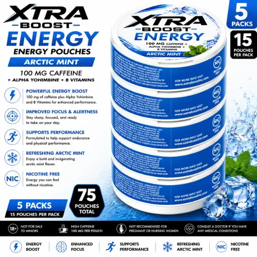 [AM050564] Xtra Boost Energy Pouches (100 mg Caffeine) 15 pouches per pack | 5 packs - Arctic Mint
