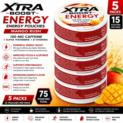 [AM050565] Xtra Boost Energy Pouches (100 mg Caffeine) 15 pouches per pack | 5 packs - Mango Rush