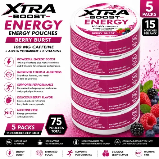 [AM050566] Xtra Boost Energy Pouches (100 mg Caffeine) 15 pouches per pack | 5 packs - Berry Burst