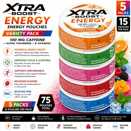 [AM050567] Xtra Boost Energy Pouches (100 mg Caffeine) 15 pouches per pack | 5 packs - Variety Pack