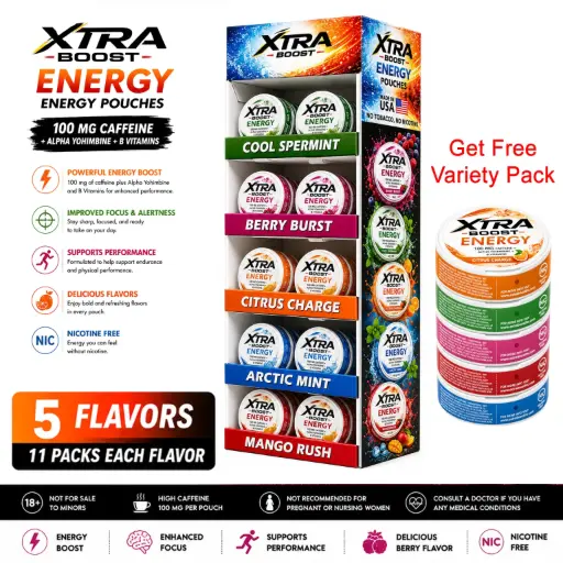 [AM050568] Xtra Boost Energy Pouches (100 mg Caffeine) 11 packs of each flavor | 55 packs - Display Set