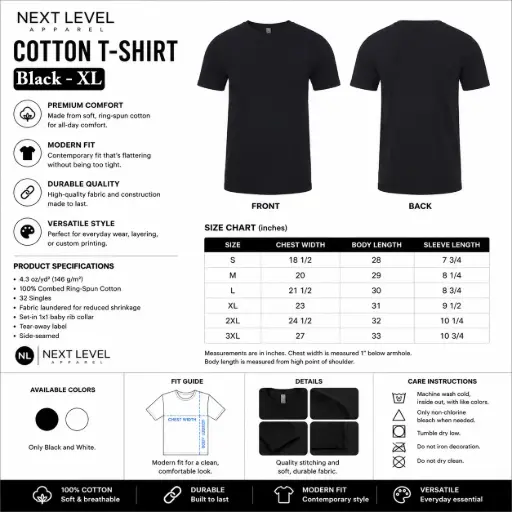 [AM050580] Next Level Apparel Cotton T-shirt / Black - XL (12 per pack)