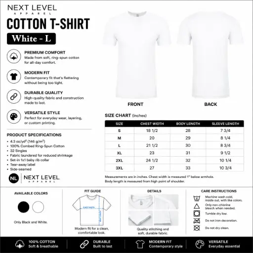 [AM050582] Next Level Apparel Cotton T-shirt / White - L (12 per pack)