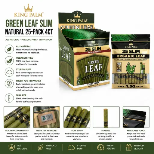 [M2370] KING PALM Green Leaf Slim Natural 25-Pack 4ct