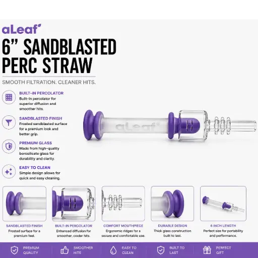[PC37759] aLeaf 6" SANDBLASTED PERC STRAW - Purple