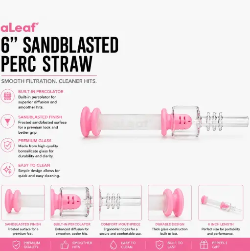 [PC37761] aLeaf 6" SANDBLASTED PERC STRAW - Pink