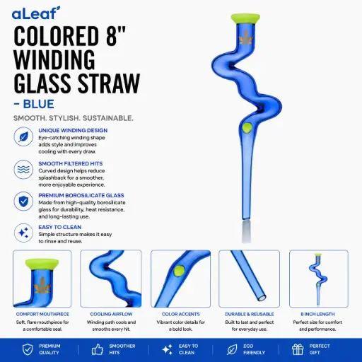 [PC37767] aLeaf COLORED 8" WINDING GLASS STRAW BLUE
