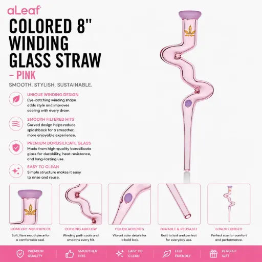 [PC37769] aLeaf COLORED 8" WINDING GLASS STRAW PINK