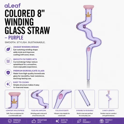 [PC37771] aLeaf COLORED 8" WINDING GLASS STRAW PURLPLE