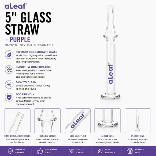 [PC37772] aLeaf 5" GLASS STRAW PURPLE