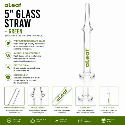 [PC37773] aLeaf 5" GLASS STRAW GREEN