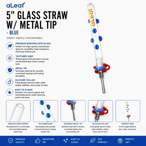 [PC37782] aLeaf 5" GLASS STRAW W/ METAL TIP BLUE