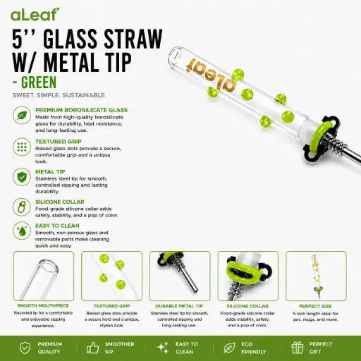 [PC37784] aLeaf 5" GLASS STRAW W/ METAL TIP GREEN