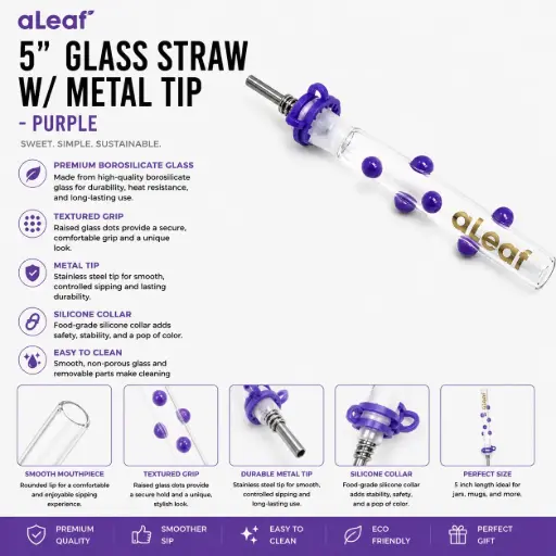 [PC37785] aLeaf 5" GLASS STRAW W/ METAL TIP PURPLE