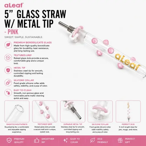 [PC37786] aLeaf 5" GLASS STRAW W/ METAL TIP PINK