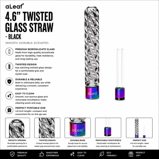 [PC37795] aLeaf 4.6" TWISTED GLASS STRAW BLACK