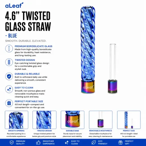 [PC37797] aLeaf 4.6" TWISTED GLASS STRAW BLUE