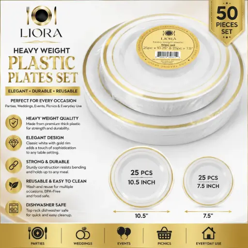[AM050592] Liora Heavy Weight Plastic Plates Set 1 (25 pcs 10.5" & 25 pcs 7.5")