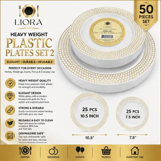 [AM050593] Liora Heavy Weight Plastic Plates Set 2 (25 pcs 10.5" & 25 pcs 7.5")