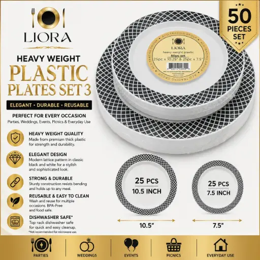[AM050594] Liora Heavy Weight Plastic Plates Set 3 (25 pcs 10.5" & 25 pcs 7.5")
