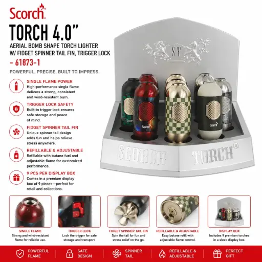 [AM050644] Scorch Torch 4.0" Tall Single Flame Aerial Bomb Shape Torch Lighter w/ Fidget Spinner Tail Fin, Trigger Lock 61873-1 - ( 9 per box)