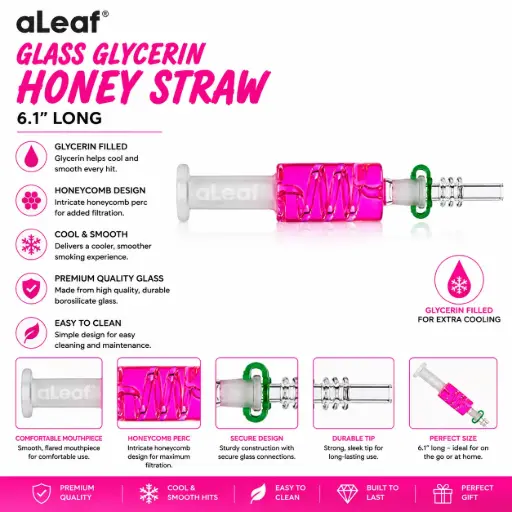 [PC37975] 6.1" ALEAF GLASS GLYCERIN HONEY STRAW Pink