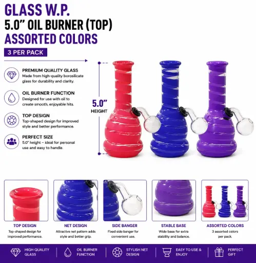 [AM050679] Glass W.P. 5.0" Oil Burner (Top) - Assorted Colors (3 per pack)